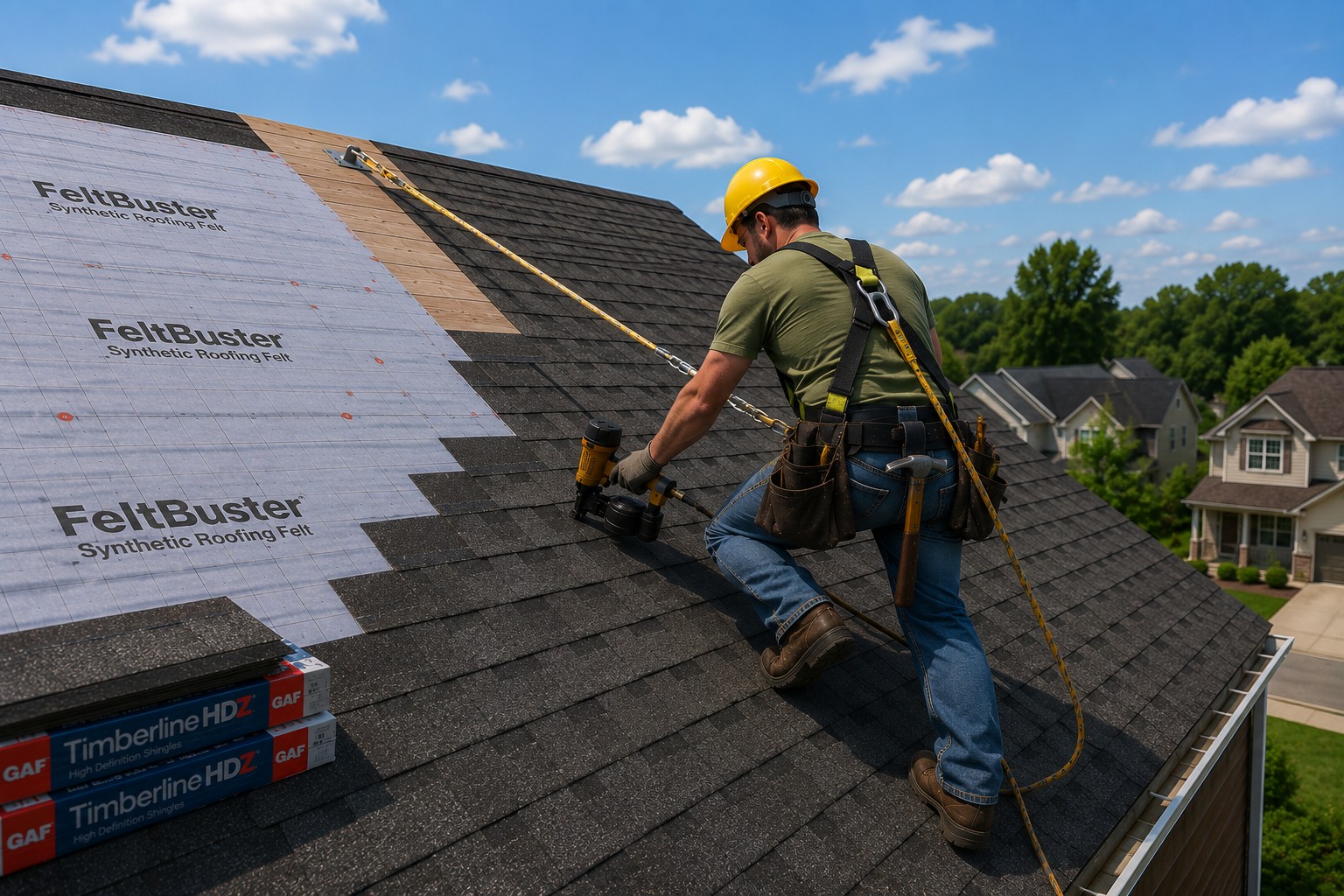 Roofer installing architectural shingles on a residential roof