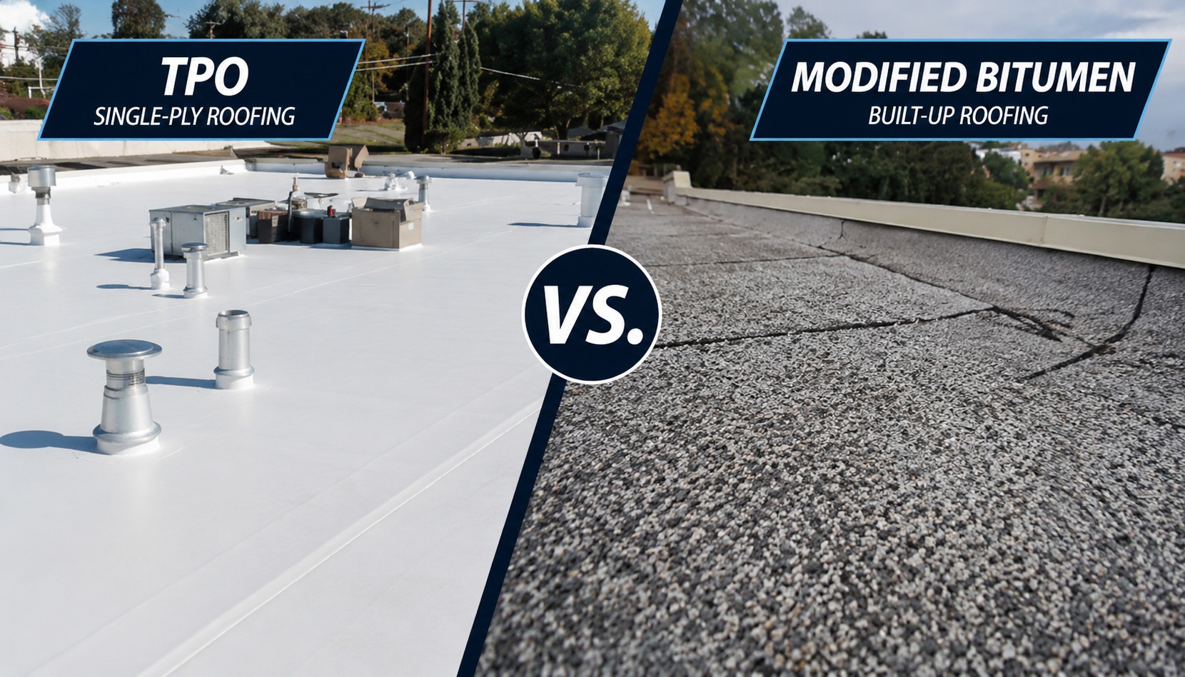 Commercial low-slope TPO and modified bitumen roofing systems